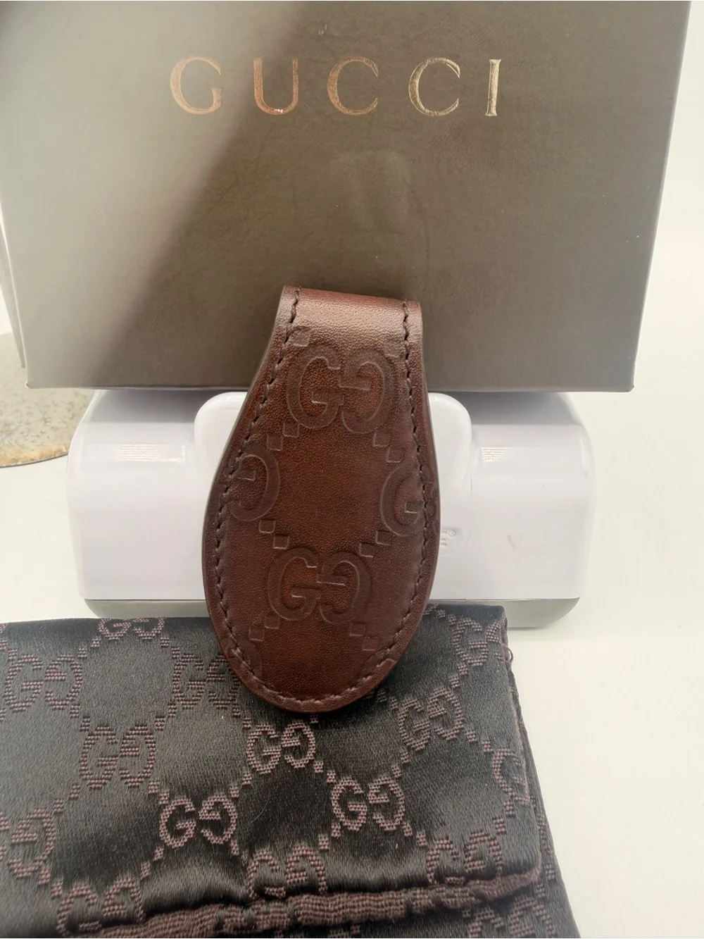 Gucci Guccissima Brown Leather Money Clip with COA, Box, Dustbag